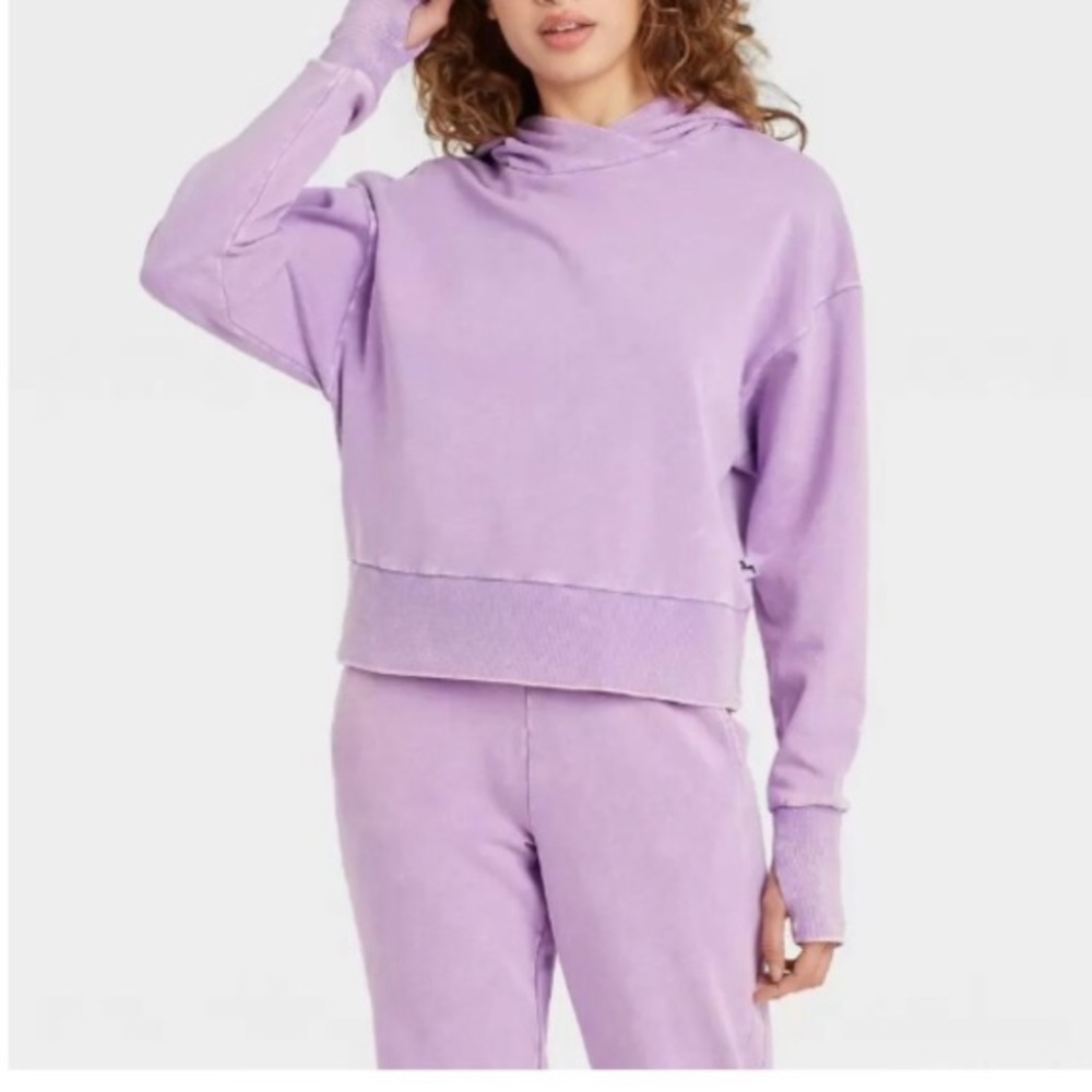 JOYLAB Women Purple French Terry Acid Wash Hooded Sweatshirt | L